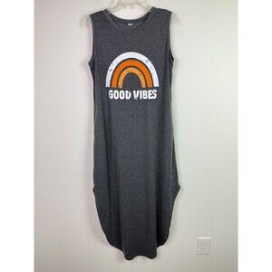 Good Vibes Rainbow Gray Graphic Tank Dress Sleeveless Maxi Casual Lounge Comfy